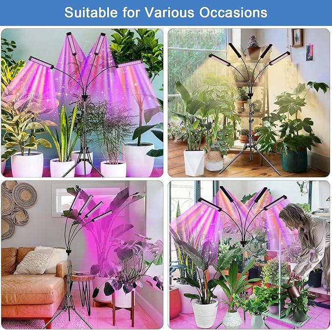 LED Grow Lights for Indoor Plants 432 LEDs Red Blue White Full Spectrum Plant Lights for Indoor Growing with 15-63 inches Adjustable Tripod Stand 4 Heads Grow Lamp with 4/8/12H Auto On/Off Timer