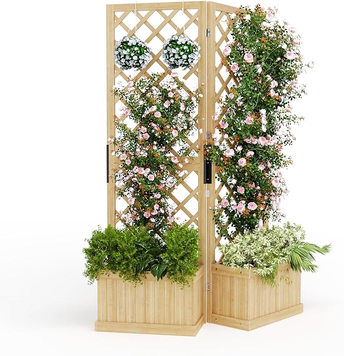 Cedar Privacy Screen w/Planter Box - 41x10x65 2 Hinged Freestanding Garden Fence Panel Drain Holes Natural Wood Room Divider for Patio Deck Backyard Balcony Raised Bed