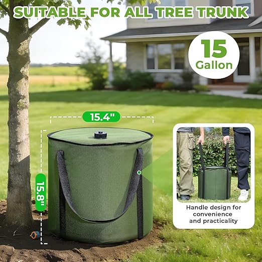 HIRALIY 15 Gallon Cylindrical Tree Watering Bag 3 Pack Slow Release 1-5 Days Deep Root &amp Automatic Drip Irrigation System for Multi-Trunk Newly Planted Small Trees and Shrubs