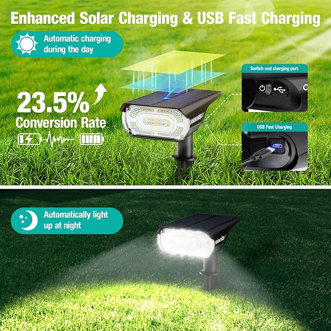 68 LEDs RGB Solar Spot Lights 1000 Lumens 9 Lighting Modes Color Changing Solar Outdoor Lights IP67 Waterproof 2-in-1 Landscape Garden Light for Yard Patio 4 Pack