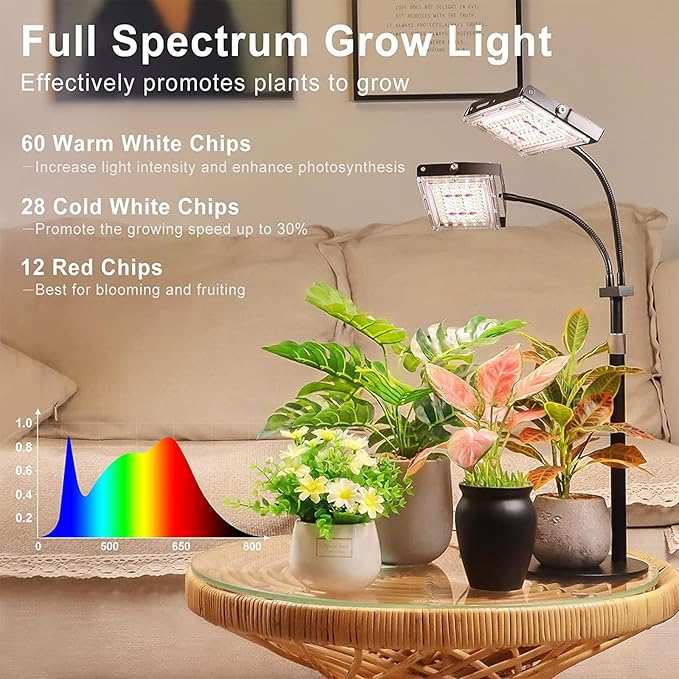 LED Plant Grow Light 48W Full Spectrum Growth Lamp 360 Adjustable Height Grow Lamp with Stand 3 Light Modes 6 Dimming Speeds for Indoor Plants (50leds)