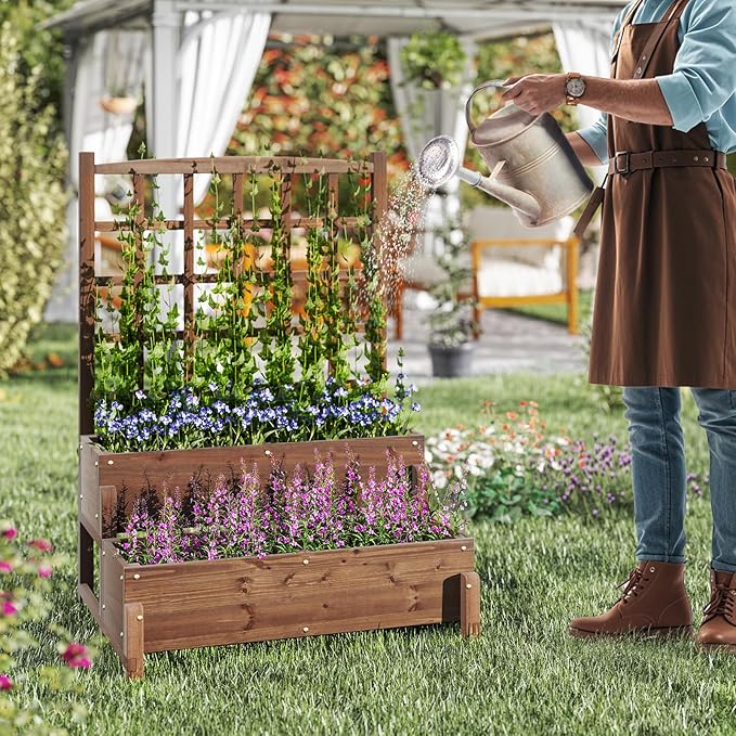 Giantex 2 Pcs Raised Garden Bed with Legs and Trellis 2-Tier Standing Planter Box with Drain Holes Outdoor Elevated Garden Trellis for Vine Climbing Flower Vegetable Fruit Herb Growing