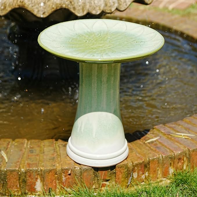 Handmade Green Gradient Glaze Ceramic Bird Bath 16.93 inch Diameter 18.11 inch Height Outdoor Gfor Birds Bathing Feeding Lightweight Weather Resistant