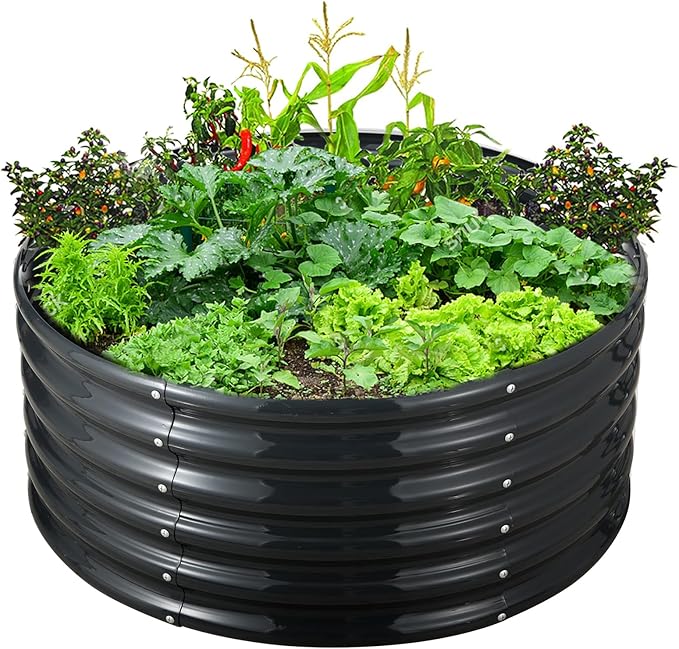 FORTUNO 17 Tall 3 FT Round Galvanized Raised Garden Bed Box Metal Outdoor High Flower Bed Steel Patio Ground Planter for Planting Vegetables and Herb Dark Grey