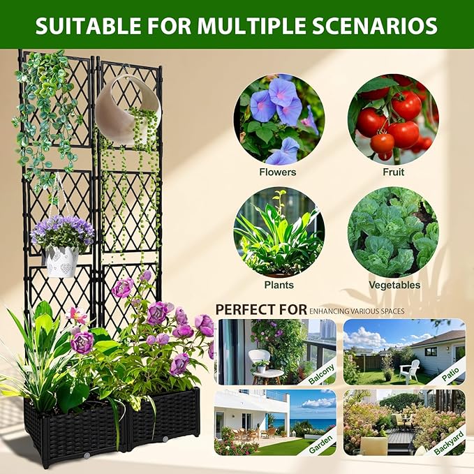 Planter with Trellis - Raised Garden Bed with Trellis 75.5x31.5x16 Privacy Screen Planter Box with Drainage Hole Outdoor Raised Garden Bed for Climbing Plants