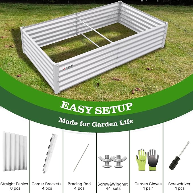 A ANLEOLIFE 6X3X1.5 ft Galvanized Raised Garden Beds Outdoor Rectangular Metal Planter Box for Planting Vegetables Flowers Herb Anti-Rust &amp Easy-Setup Antique White