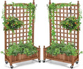 Giantex Set of 2 Mobile Plant Raised Bed Wood Planter with Lattice Trellis and Wheels Flower Box for Plant Climbing Vertical Garden for Balcony Patio Yard 25x11x 50