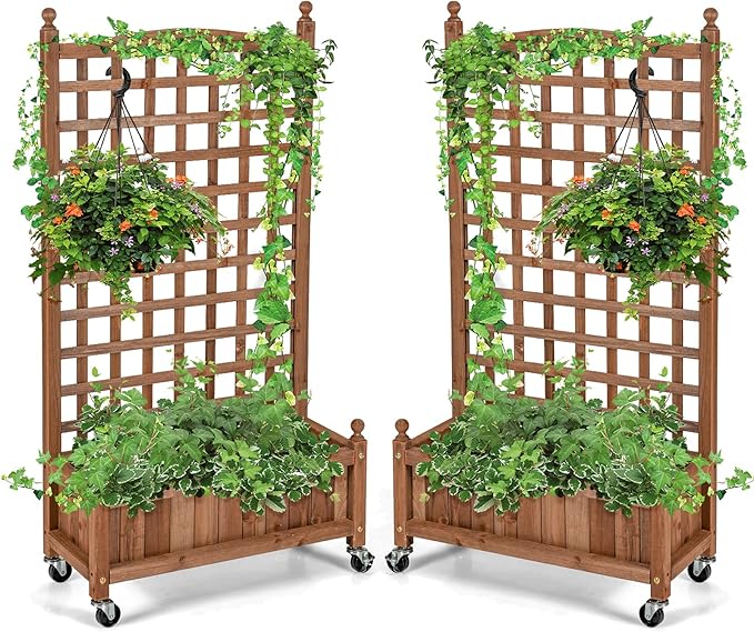 Giantex Set of 2 Mobile Plant Raised Bed Wood Planter with Lattice Trellis and Wheels Flower Box for Plant Climbing Vertical Garden for Balcony Patio Yard 25x11x 50