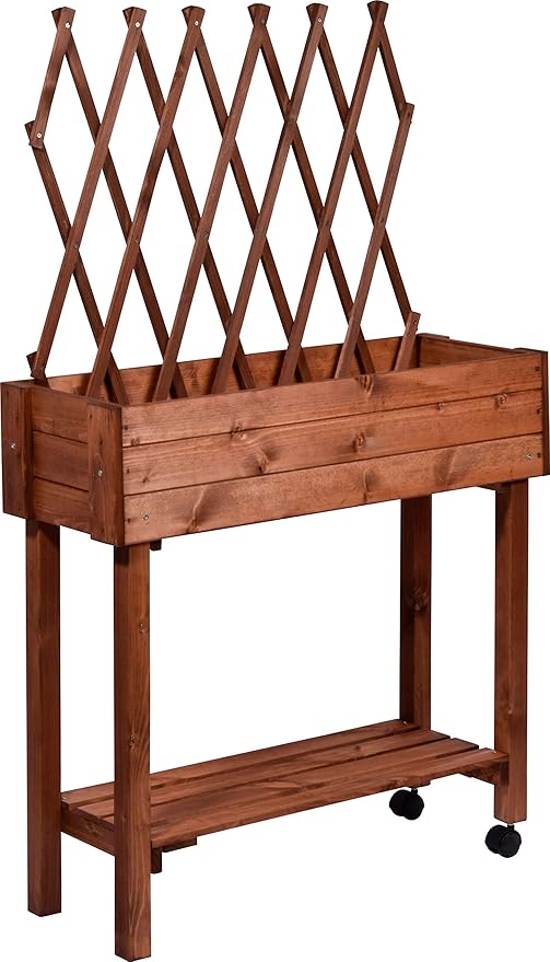 dobar® 58187e Rollable Raised Bed with Trellis Planter Box on Wheels Flower Bed Made of Solid Wood Narrow Herb Bed for Garden/Patio/Balcony 79 x 28.5 x 130 cm Brown
