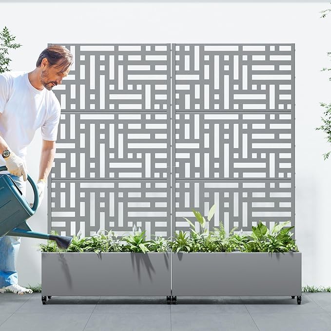 Casaphoria 72x35 Metal Raised Garden Bed with Trellis(2 Pack) Outdoor Planter Box with Wheels &amp Drainage Holes for Climbing Plants Flowers Elevated Garden Kit with Privacy Screen Grey-Helen