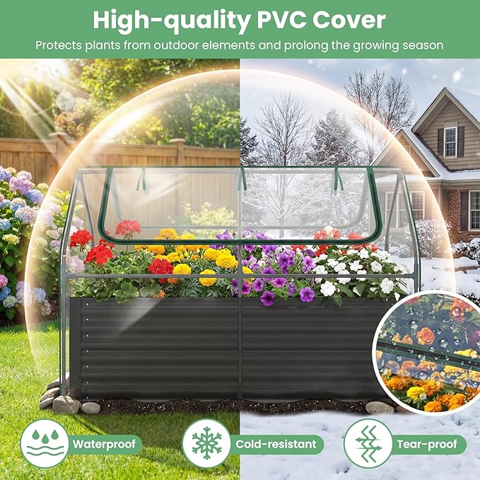 HAPPYGRILL Raised Garden Bed with Cover Planter Boxes Outdoor w/Mini Greenhouse 2 Roll-up Windows &amp Open-Ended Base Metal Growing Raised Bed for Vegetables (Black 71” x 36” x 48”)