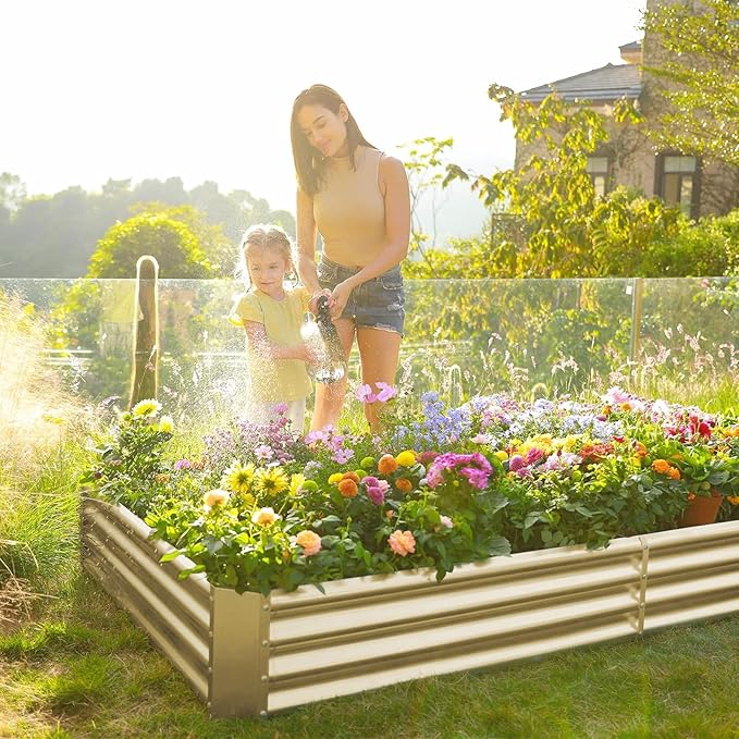 Land Guard 2 Pack 8×4×1ft Galvanized Metal Raised Garden Bed Metal Planter Kit Box Outdoor for Deep-Rooted Vegetables Flowers Green and Herbs (Cream Yellow)