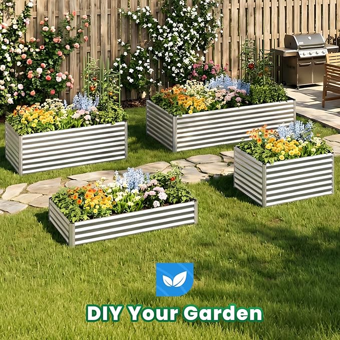 Quictent Galvanized Raised Garden Bed 8x4x2 Ft Tall Metal Planter Box for Vegetables Outdoor Bottomless for Backyard 2 Tomato Cages Included 22.04 Deep (Silver)