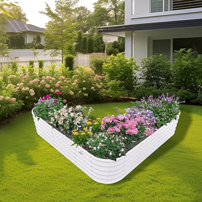 A ANLEOLIFE Heart-Shaped Galvanized Raised Garden Beds Outdoor81x81x18in Large Metal Planter Box for Planting Vegetables Flowers Herb Anti-Rust &amp Easy-Setup Antique White