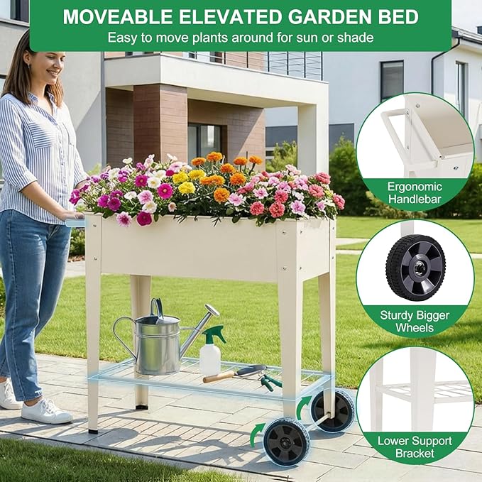 Elevated 32 Tall Raised Garden Bed with Legs and Wheels for Mobility Metal Planter Boxes Outdoor with Shelf Raised Bed for Gardening Vegetables/Herbs Backyard Patio Balcony White