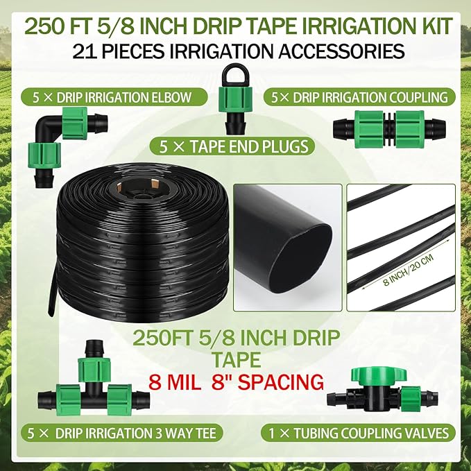 250 ft 5/8 Inch Drip Tape Irrigation Kit Drip Tape 8 Mil 8 Spacing Hose Garden Watering Tubing System Automatic Irrigation Equipment for Plant Landscape Yard Lawn and Farm