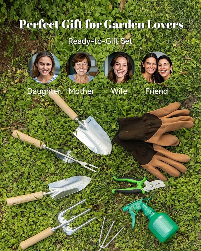 VerdantVibes 9-Piece Garden Tool Set - Heavy Duty Gardening Hand Tools with Ergonomic Non-Slip Grips Rust-Resistant Shovel Trowel Rake Pruner &amp Storage Bag - Ideal Gardening Gifts for Women