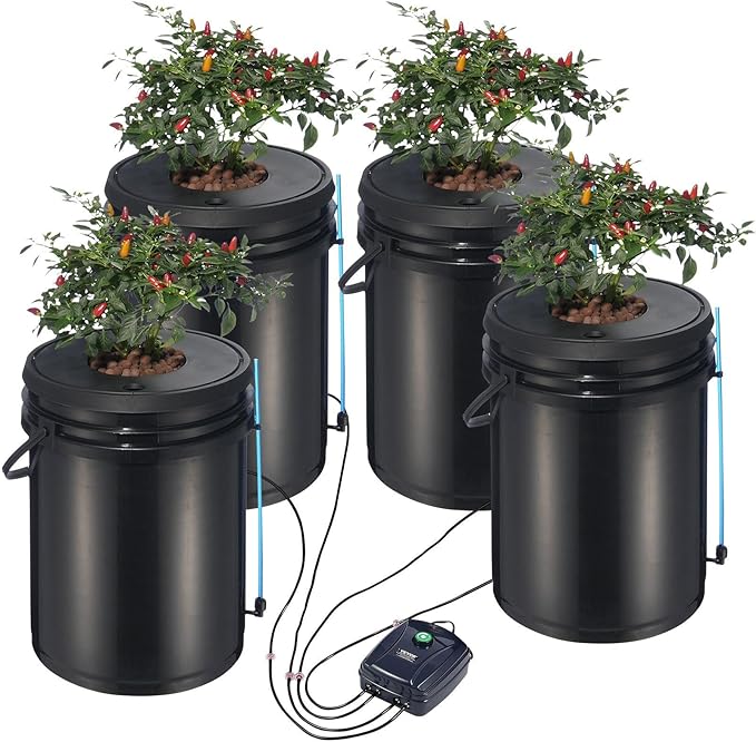DWC Hydroponic System 5 Gallon 4 Buckets Deep Water Culture Growing Bucket Hydroponics Grow Kit with Pump Air Stone and Water Level Device for Indoor/Outdoor Leafy Vegetables