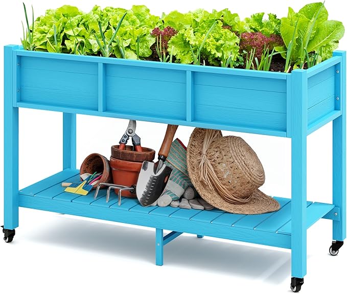 DWVO 47x18x31in Raised Garden Bed HDPE Weather-Resistant Poly Wood Planter Box Stand Planter Box with Legs Storage Shelf &amp Lockable Wheels Elevated Garden Bed for Backyard Patio - Aruba Blue