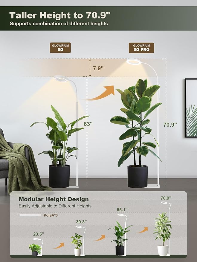 GLOWRIUM 24W LED Grow Light for Indoor Plants 23.5-71 Adjustable Height 3-Growing Full Spectrum for Tall Grow Light High PPFD 3/9/12/16H Timer 6-Level Dimming Ideal for Large Tall Plants