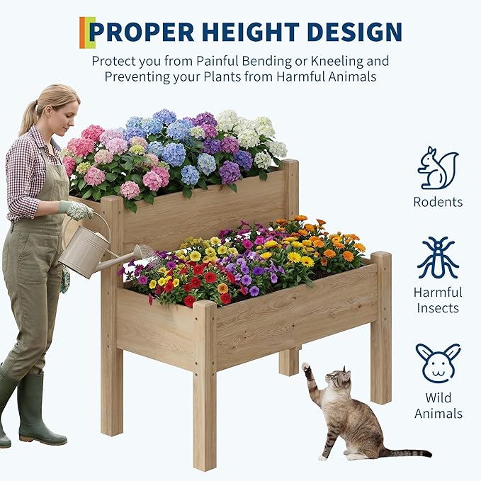 GarveeLife 34x34x29inches Two-Tier Wooden Raised Garden Bed with Legs Large Elevated Outdoor Planter Box with 8 Drainage Holes 352 Lbs Capacity for Vegetables Herbs Flowers Backyard Patio