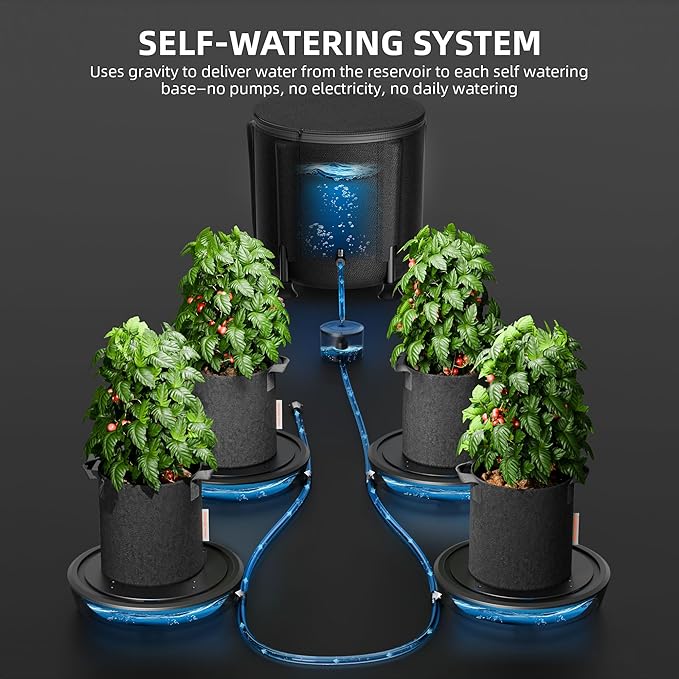 Spider Farmer Gravity-Fed Self-Watering System 4-Pack Auto Watering System with 13 Gallon Reservoir 4 Fabric Pot Base for Indoor Plants Grow Tents Greenhouses