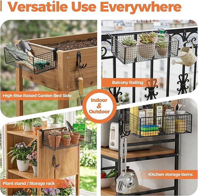 Metal Raised Garden Bed Hanging Storage Basket Includes Hooks 15.6 x 5.8 x 3.8in Flower Bed Clip-On Hanging Organizer Basket for Raised Garden Beds Kit for Gardening Tools &amp Supplies