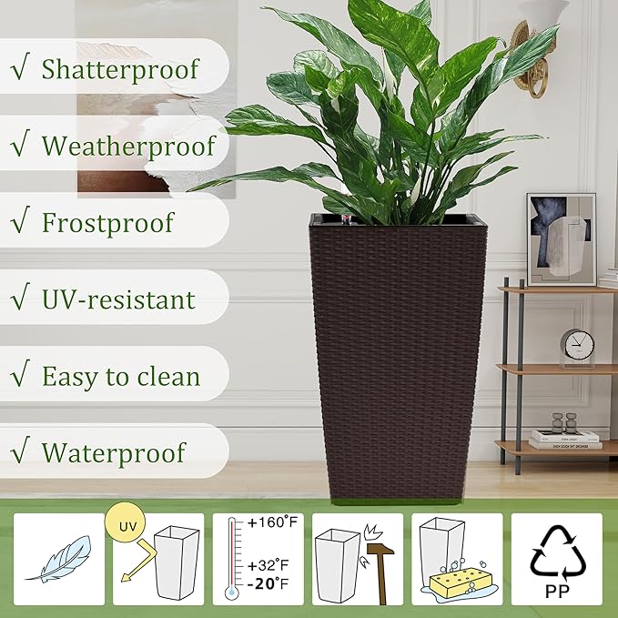 IndoorOutdoor Faux Rattan Square Planter 22.6 inch Brown Plastic Large Planter with Automatic Watering System for Home and G(Brown 22.6 inch 2 Pack)