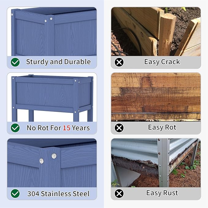 HDPE Raised Garden Bed with Legs All-Weather Outdoor Planter Box Easy to Assemble Drainage System Low Maintenance Non-Fading for Flower/Herb/Seed (Navy Blue)