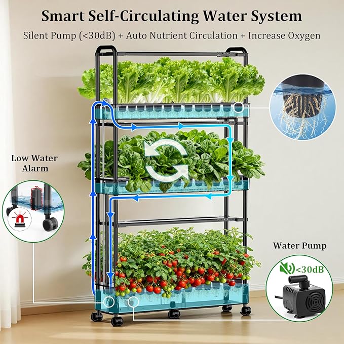 Large Hydroponics Growing System Kit 48 Pods Vertical Hydroponic Garden with 48 Large Buckets 40L Indoor Garden System for Herb Vegetable Fruit with 2 Light Modes Auto Circulating Water System