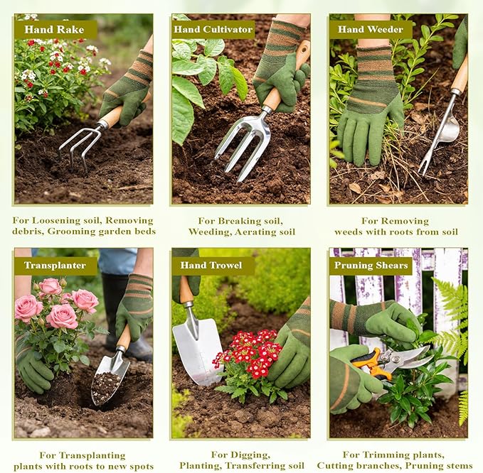 15-Piece Garden Tool Set for Women Heavy Duty Gardening Kit with Floral Garden Bag Steel Garden Hand Tools Plant Labels Gloves Gardening Gift Basket for Men Gardeners Plant Lovers Green