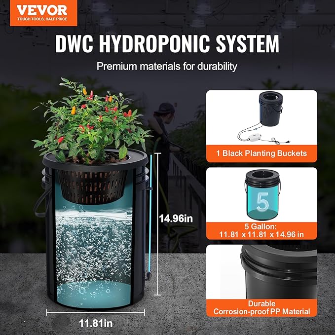 VEVOR DWC Hydroponics Grow System Hydroponic Growing System with Top Drip Kit 5-Gallon Deep Water Culture with Air Pump Air Stone and Water Level Device for Leafy Vegetables(1 Bucket+Top Drip Kit)