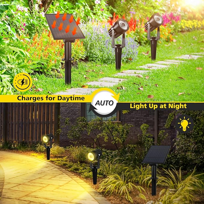 T-SUN Solar Spotlights 2W Outdoor LED Landscape Spot Light 2-in-1 Waterproof Solar Powered Wall Lights Auto ON/Off with Dual Headlamp for Garden Yard Pathway(Warm White)