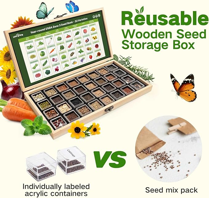 Lush&ampDew USDA Zone 3 Seed Bank Gardening Gifts for Women Men 32 Varieties Non-GMO Heirloom Seeds for Planting Vegetables Fruits Year Round Survival Seed Kit for Raised Garden Bed Greenhouse