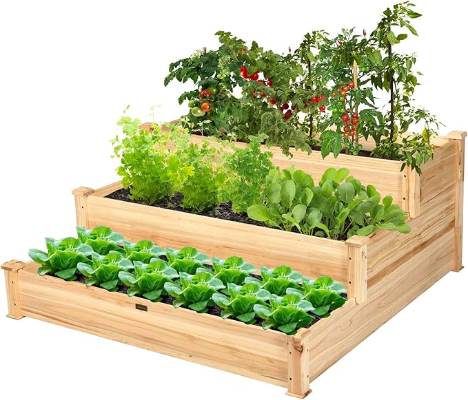 Giantex 3 Tier Raised Garden Bed Wood Elevated Planter Box Vegetable Flower Growing Bed Kit Outdoor Planting Container for Backyard Lawn Patio Planter Raised Beds Easy Assembly 49X49X22