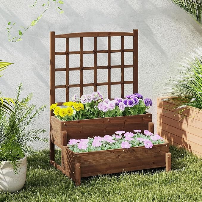 Byroce Outdoor Raised Garden Bed Garden Planter Box with Lattice Trellis Legs &amp Drainage Hole 2-Tier Standing Elevated Planter for Flower Fruit Vegetable &amp Climbing Plants in Patio Balco