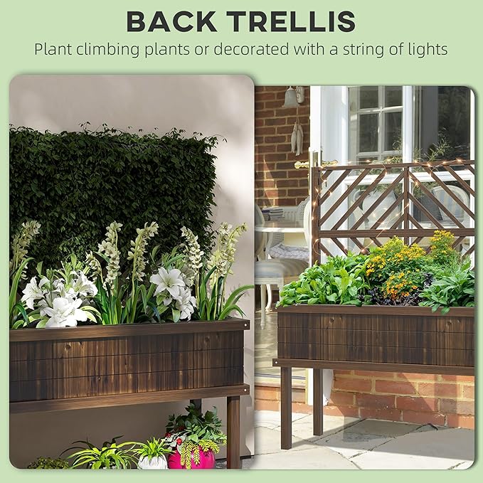 Carbonized Wood Raised Garden Bed with Stylized Trellis Spacious Self Draining for Climbing Plants Vegetables and Grape Vines Perfect for Outdoor Gardens and Patios