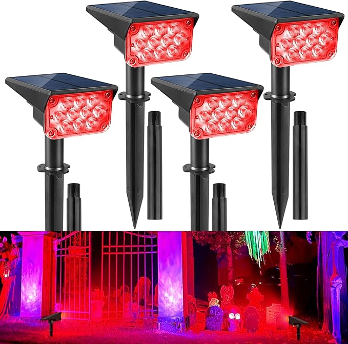 Red Solar Spot Lights Outdoor20 LED Waterproof IP65 Solar Landscape Light Adjustable Panel Spotlights for Wall Tree Yard Garden Halloween Christmas Lighting 4 Pack