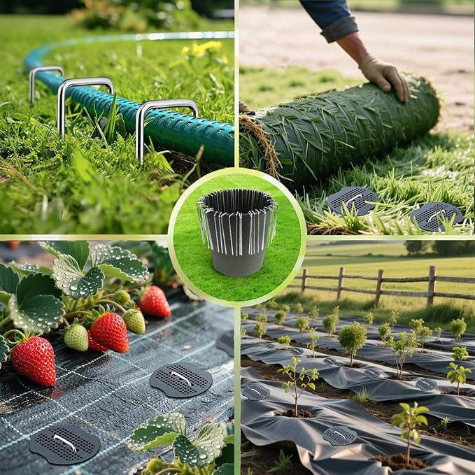 6 Inch Landscape Staples Set 11 Gauge Galvanized U-Shaped Garden Stakes (100 Pack) with Gaskets Hook Tool &amp Rubber Mallet for Weed Fabric &amp Landscaping
