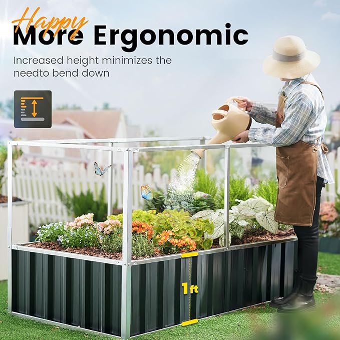 KING BIRD 68 x 36 x 34.6 Raised Garden Bed with Garden Anti-Bird Protection Netting Structure Galvanized Steel Metal Planter Kit Box with 2 Pairs of Gloves Dark Grey
