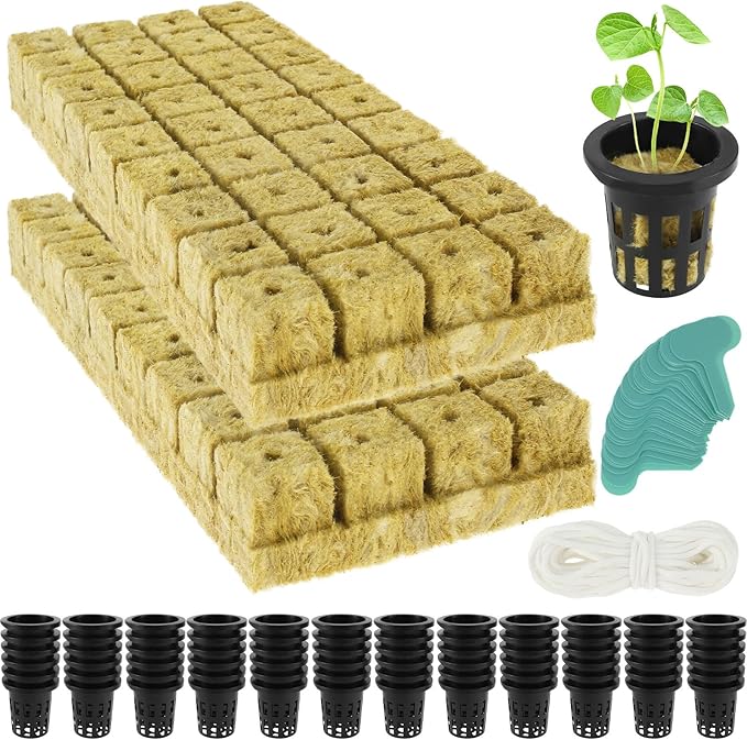 1.5inch Hydroponics Cubes 72 Set Cubes with 72 Net Cups 30 Label Good Absorption Hydroponics Mesh Net Cup Kit for Hydroponics Soilless Cultivation Seedlings Cuttings Clone Plants
