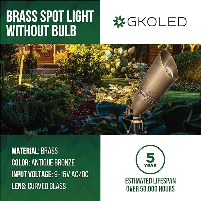 GKOLED 12-Pack Solid Brass Landscape Spotlight 12V AC/DC Low Voltage Landscape Lights Outdoor Directional LED Uplight Waterproof Fixture with ABS Ground Spike Garden Spot Up Light Without Bulb