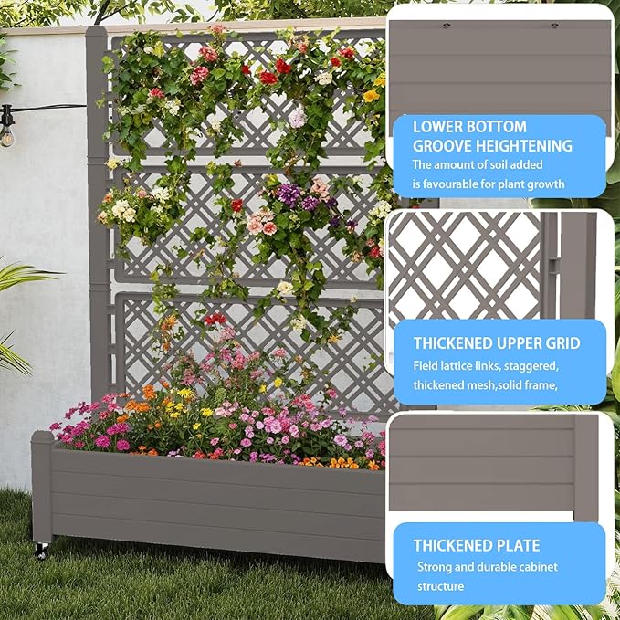 Mobile Garden Planter with Trellis &amp Lockable Wheels Outdoor Raised Bed with Drainage &amp Water Gauge Weather-Resistant Resin for Patio Balcony Yard Dust-Resistant (Grey 43.43*18.27*64.29)