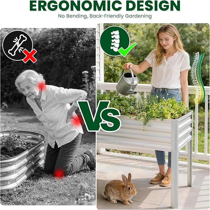 1MORE Elevated Raised Garden Bed with Legs 48×24×32in Large Metal Raised Bed for Backyard Patio Balcony. Raised Planter Box with Drainage Holes for Plants Vegetables Flowers Fruits(Sliver-2pcs)