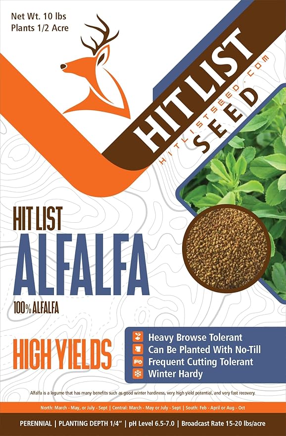 HIT LIST SEED®No Till Alfalfa Food Plot Seeds for Deer [Perennial] - Deer Food Plot Seed Throw and Grow - Deer Plot Seed Mix Perennial No Plow - 100% Alfalfa - Spring Summer &amp Fall Planting - 10
