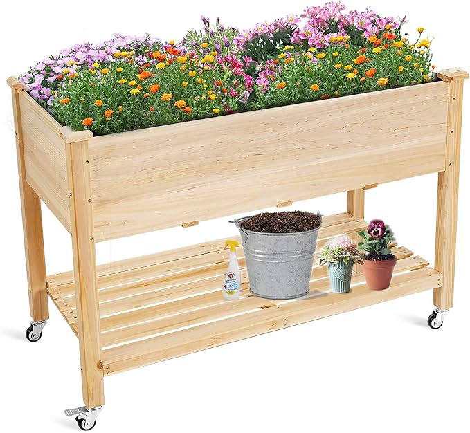 S AFSTAR Raised Garden Bed with Wheels 48 L X 24 W X 33 H Wooden Elevated Planter w/Lockable Wheels Storage Shelf Bed Liner Raised Garden Boxes for Backyard Patio Balcony 110lb Capacity