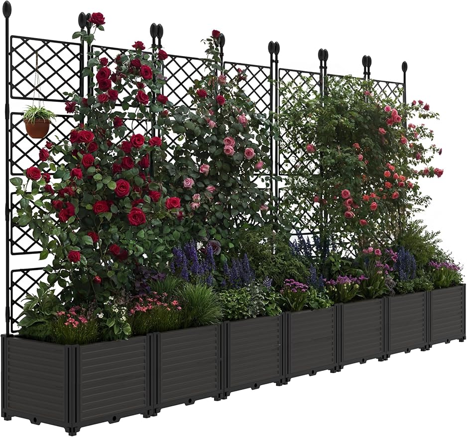 Garvee 7 PCS Plastic Plant with Metal Trellis Raised Garden Bed with Trellis Planter for Climbing Plant Outdoor Raised Box Privacy Screen for Patio Balcony Planter for Backyard Patio
