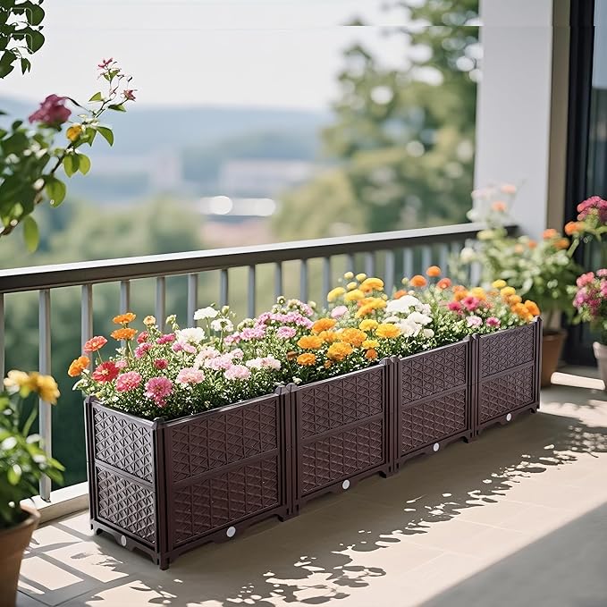 LIFE SKY Modular Garden Planter: Multi-Section Raised Bed for Herbs &amp Vegetables - Brown Plastic Plant Box with Drainage System for Balcony &amp Patio Gardening