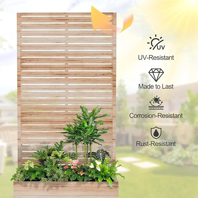 Raised Garden Bed with Trellis and Wheels73x35x16 Metal Raised Garden BedAcacia Finish Metal Planter with Climbing Trellis for Vines &amp Vegetables