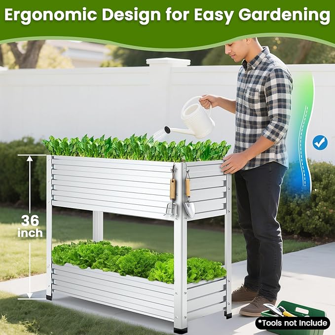 2-Tier Galvanized Raised Garden Bed with Legs 36x16x36 Metal Elevated Planter Box (12 Top/8 Bottom Depth) 500LB Capacity for Vegetables Herbs Leafy Greens Flowers on Patio Yard